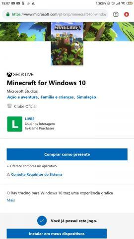 Conta Microsoft com Minecraft windows 10 edition